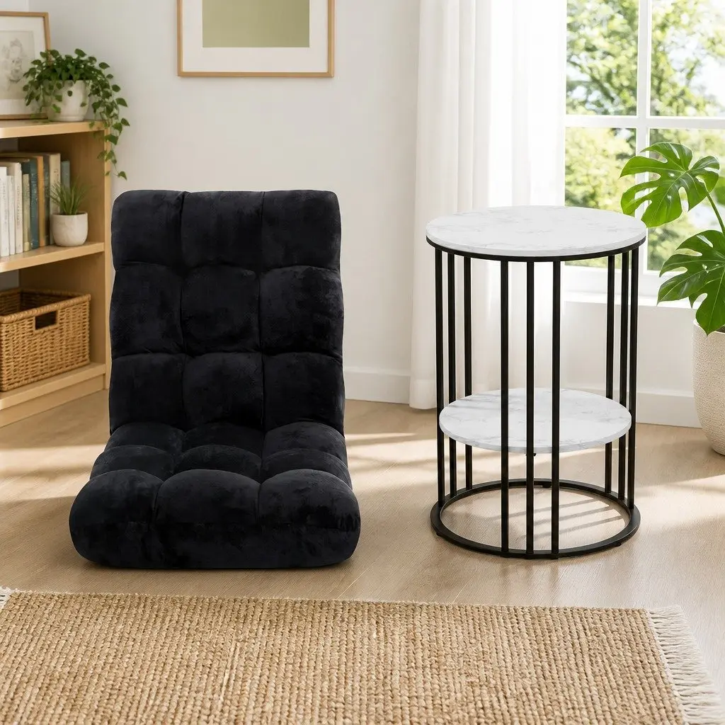 Floor Lounge Chair and 2-Tier Coffee Table Bundle Adjustable Positions Black and White