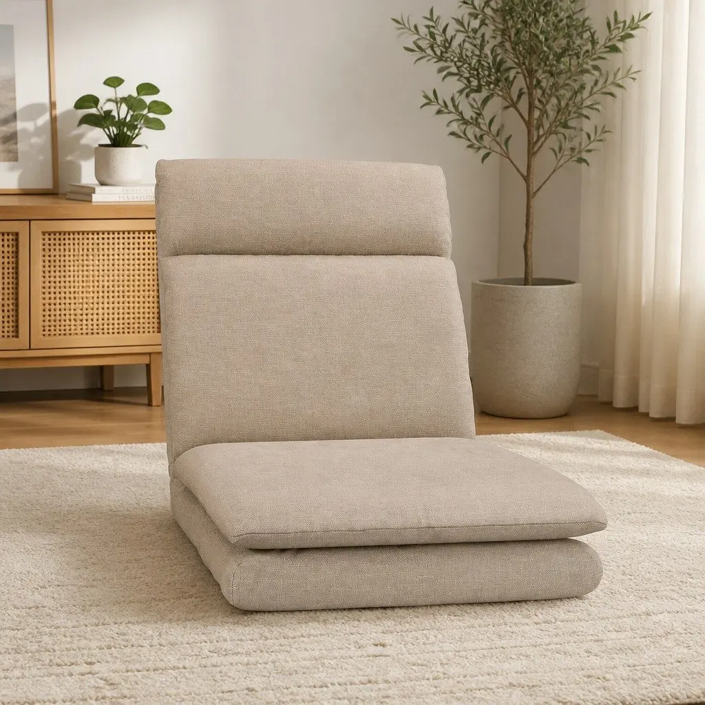 Floor Chair Recliner Lounge Seat Faux Linen Fabric Five Positions Foldable Portable Brown