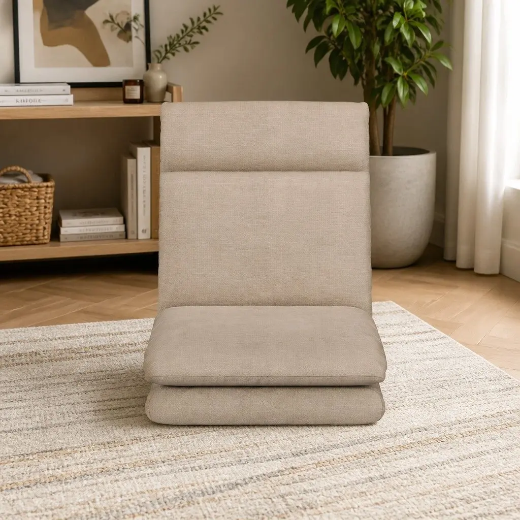 Floor Chair Recliner Lounge Seat Faux Linen Fabric Five Positions Foldable Portable Brown