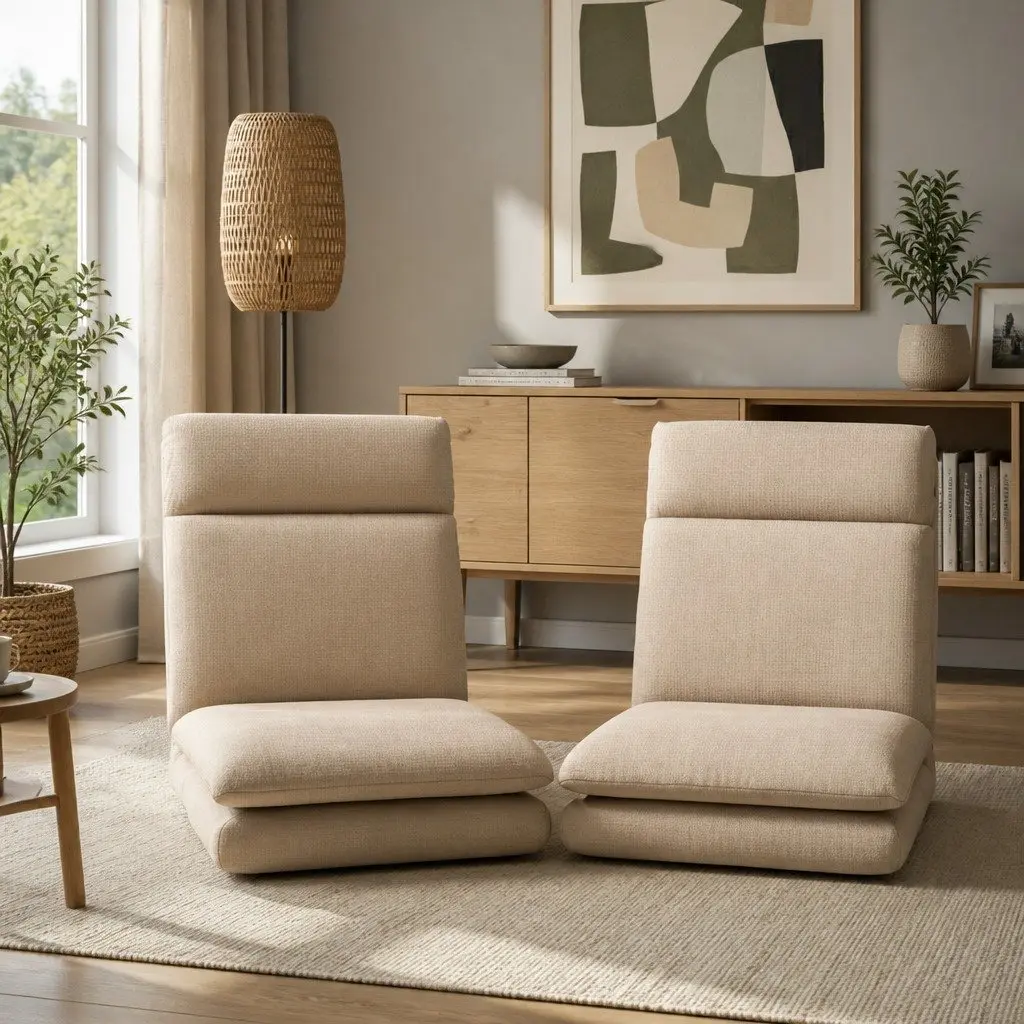 Floor Chair Recliner Lounge Seat Faux Linen Fabric Five Positions Foldable Portable Brown