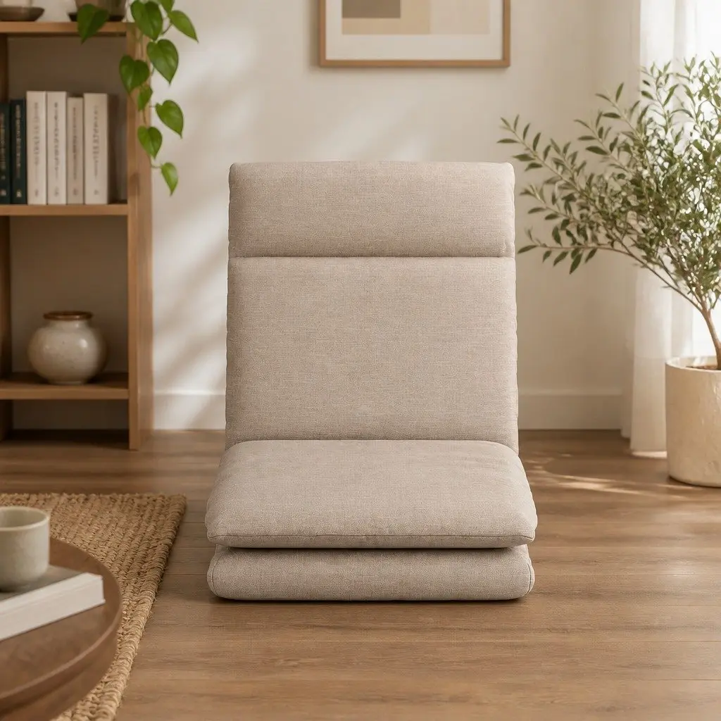 Floor Chair Recliner Lounger Foldable Faux Linen Fabric 122cm Brown 4 Piece