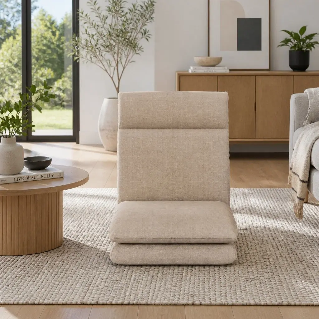 Floor Chair Sofa Lounge Faux Linen Fabric 1 Seater Reclining Foldable Portable Beige