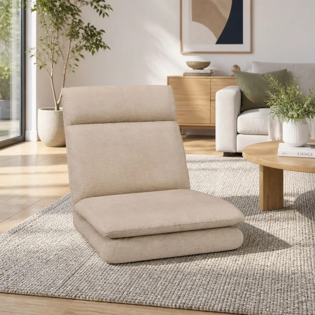 Floor Chair Sofa Lounge Faux Linen Fabric 1 Seater Reclining Foldable Portable Beige