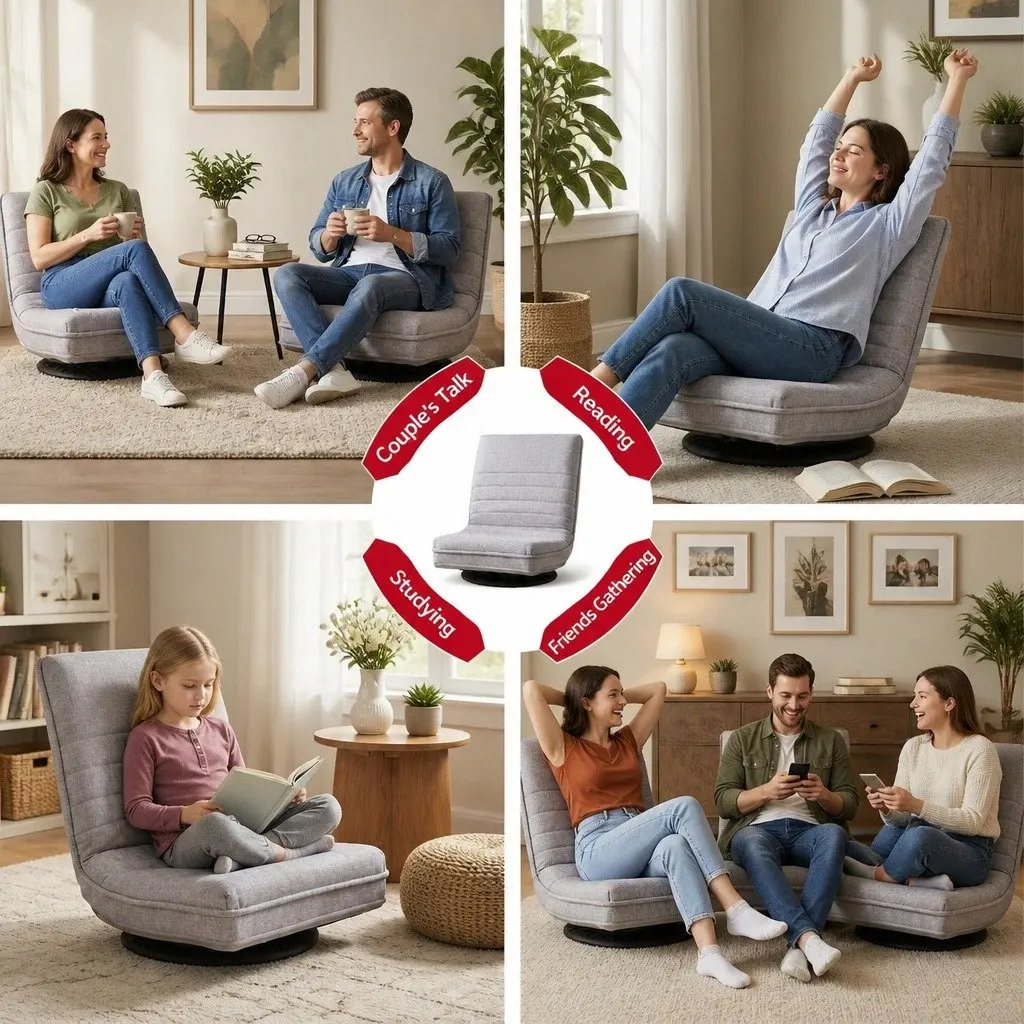Swivel Floor Chair Adjustable Foldable Lounge Seat 45cm W Beige
