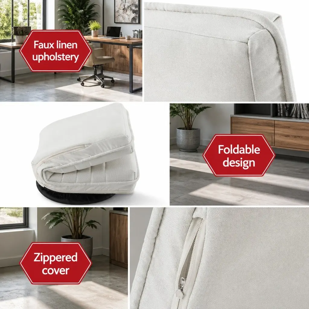 Floor Lounge Sofa Foldable Recliner Chair White Linen 45cm W x 55cm D x 57cm H