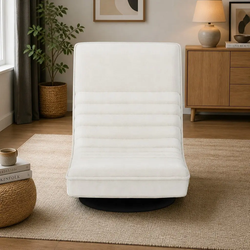 Floor Chair Swivel Recliner Faux Linen Fabric White Indoor Foldable Armchair