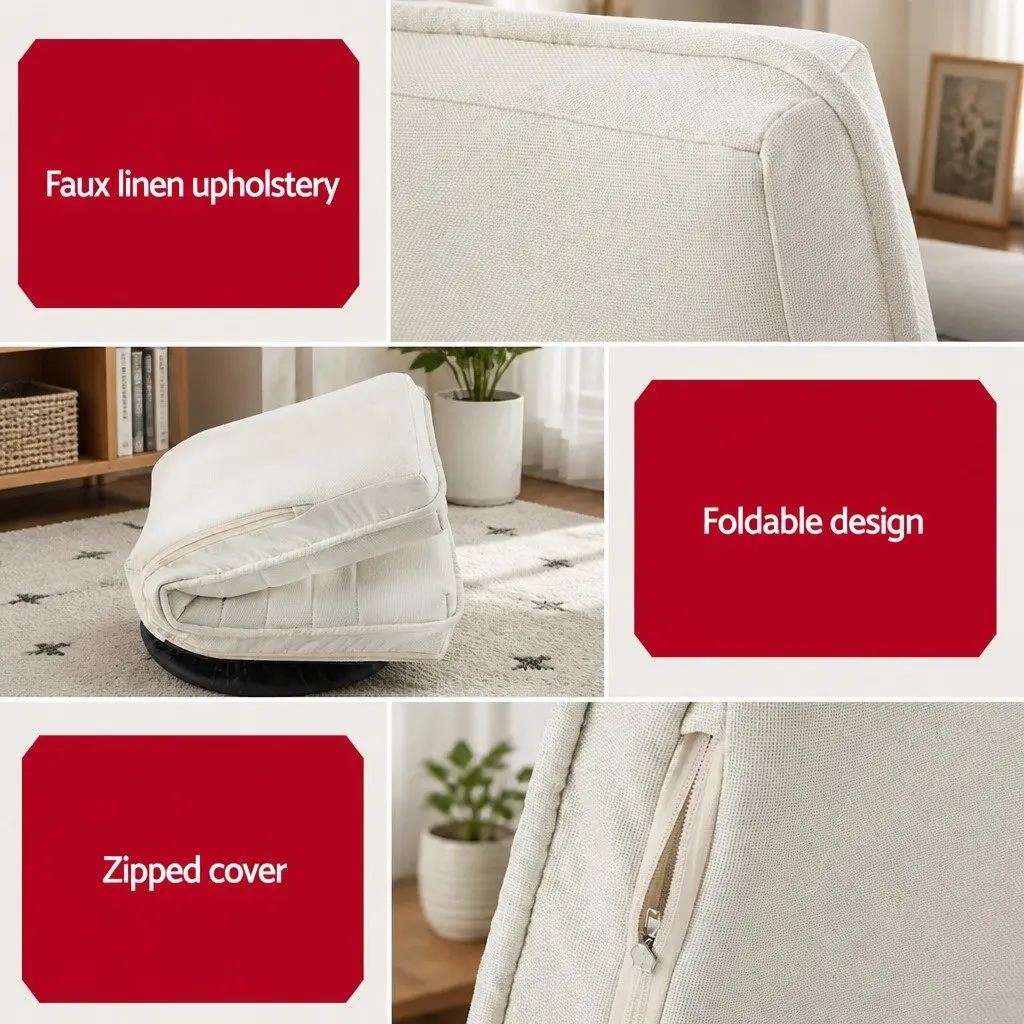 Floor Chair Swivel Recliner Faux Linen Fabric White Indoor Foldable Armchair