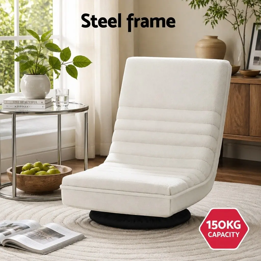 Floor Chair Swivel Recliner Faux Linen Fabric White Indoor Foldable Armchair