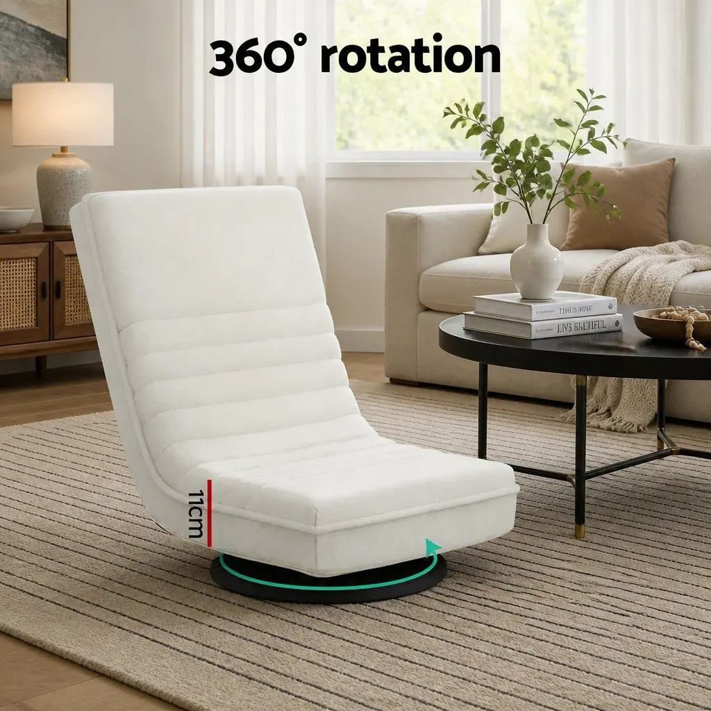 Floor Chair Swivel Recliner Faux Linen Fabric White Indoor Foldable Armchair