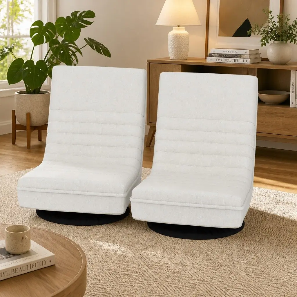 Floor Chair Swivel Recliner Faux Linen Fabric White Indoor Foldable Armchair