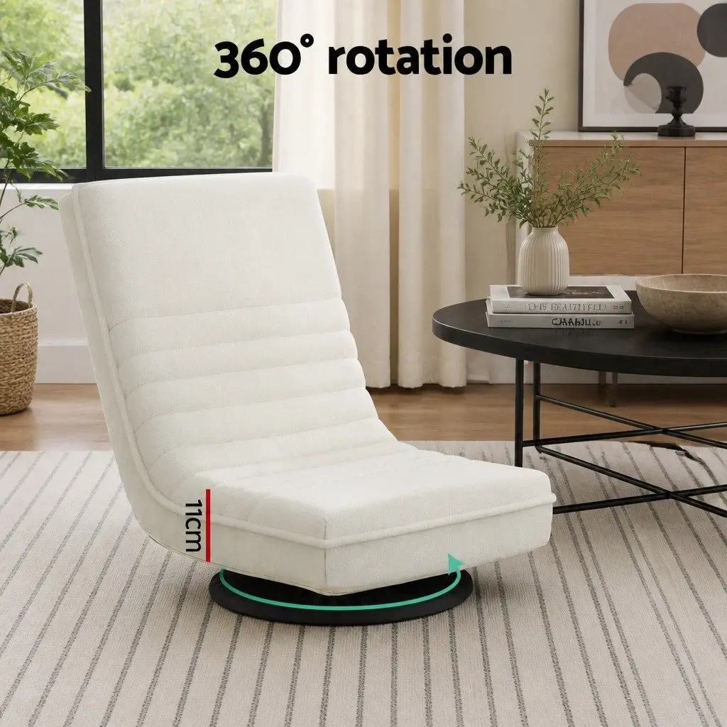 Floor Lounge Chair Swivel Recliner Foldable White Faux Linen Fabric Steel 45cm x 55cm x 57cm