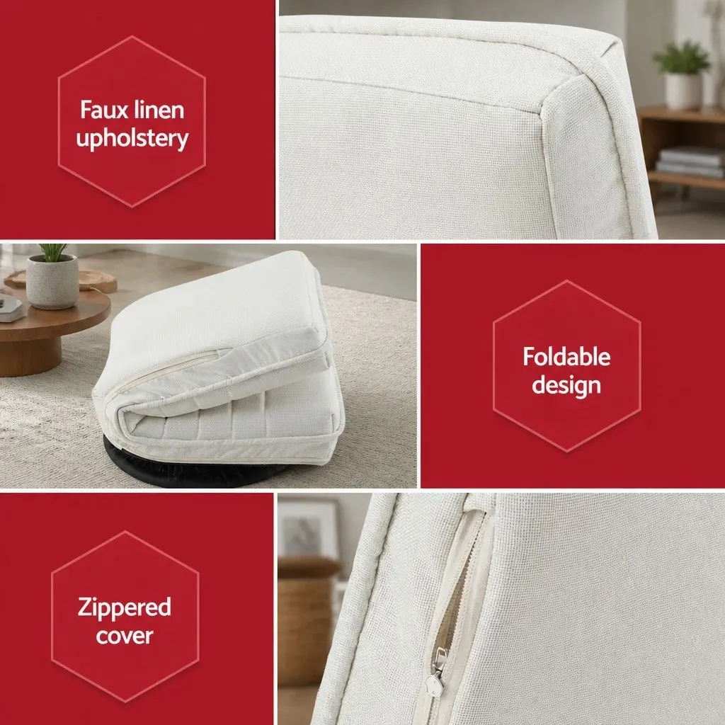 Floor Lounge Chair Swivel Recliner Foldable White Faux Linen Fabric Steel 45cm x 55cm x 57cm