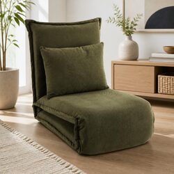 Floor Lounge Sofa Bed Foldable Adjustable Recliner Chair Green Corduroy Arm