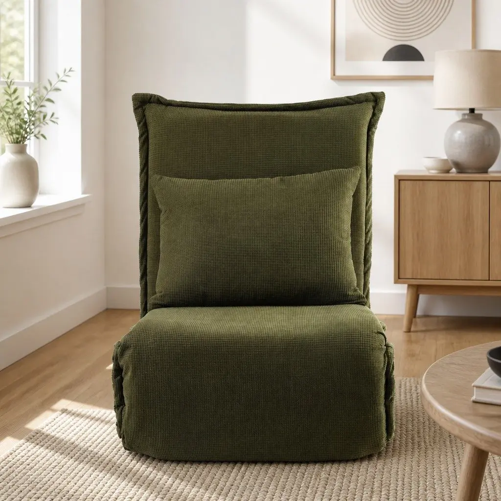 Floor Lounge Sofa Bed Foldable Adjustable Recliner Chair Green Corduroy Arm