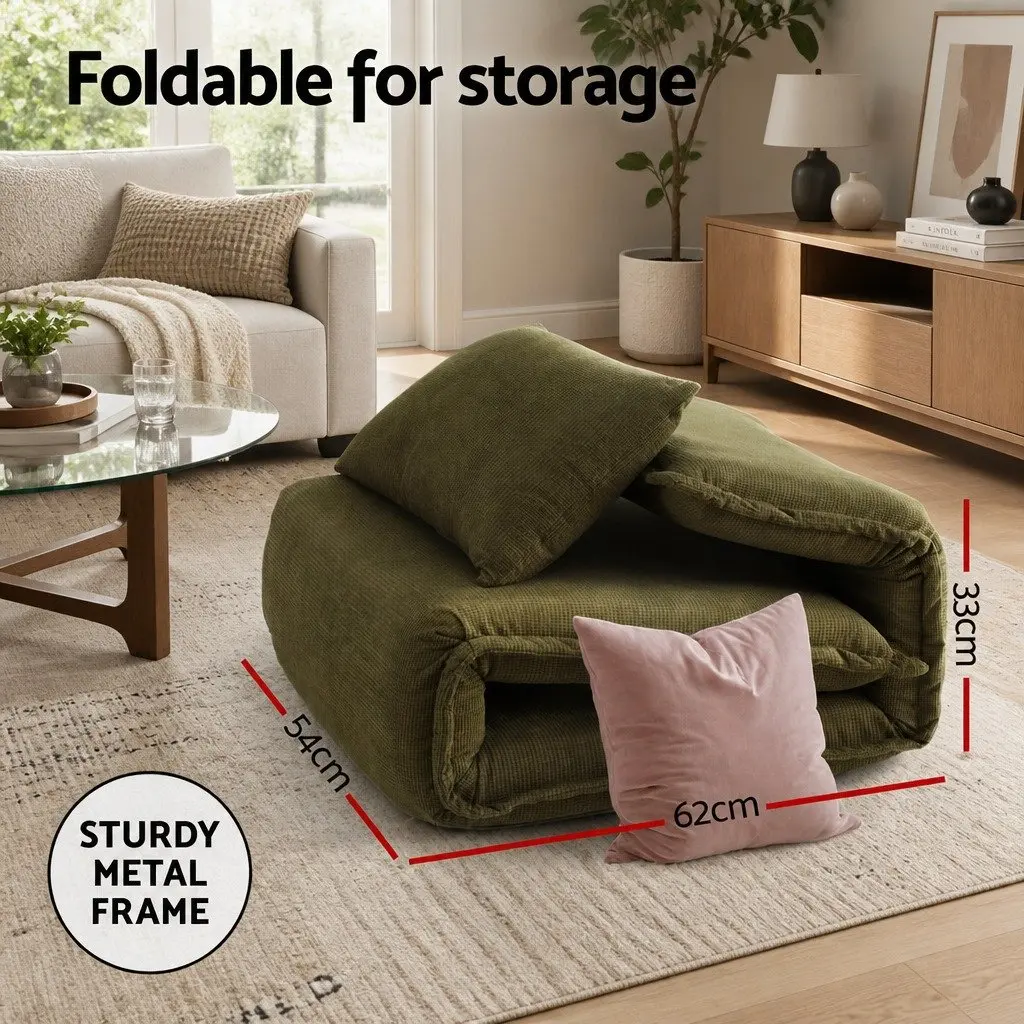 Floor Lounge Sofa Bed Foldable Adjustable Recliner Chair Green Corduroy Arm