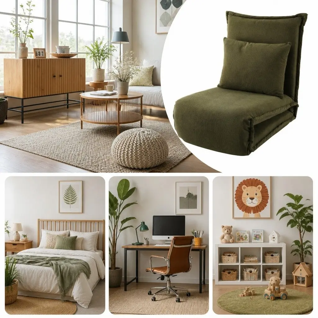Floor Lounge Sofa Bed Foldable Adjustable Recliner Chair Green Corduroy Arm