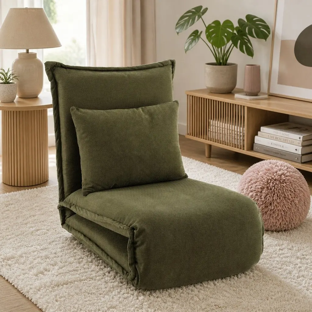 Floor Lounge Sofa Bed Foldable Adjustable Recliner Chair Green Corduroy Arm