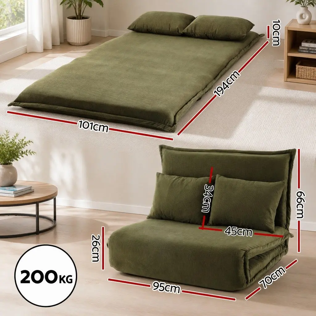Floor Lounge Sofa Bed 2 Seater Foldable Adjustable Recliner Chair Green Corduroy