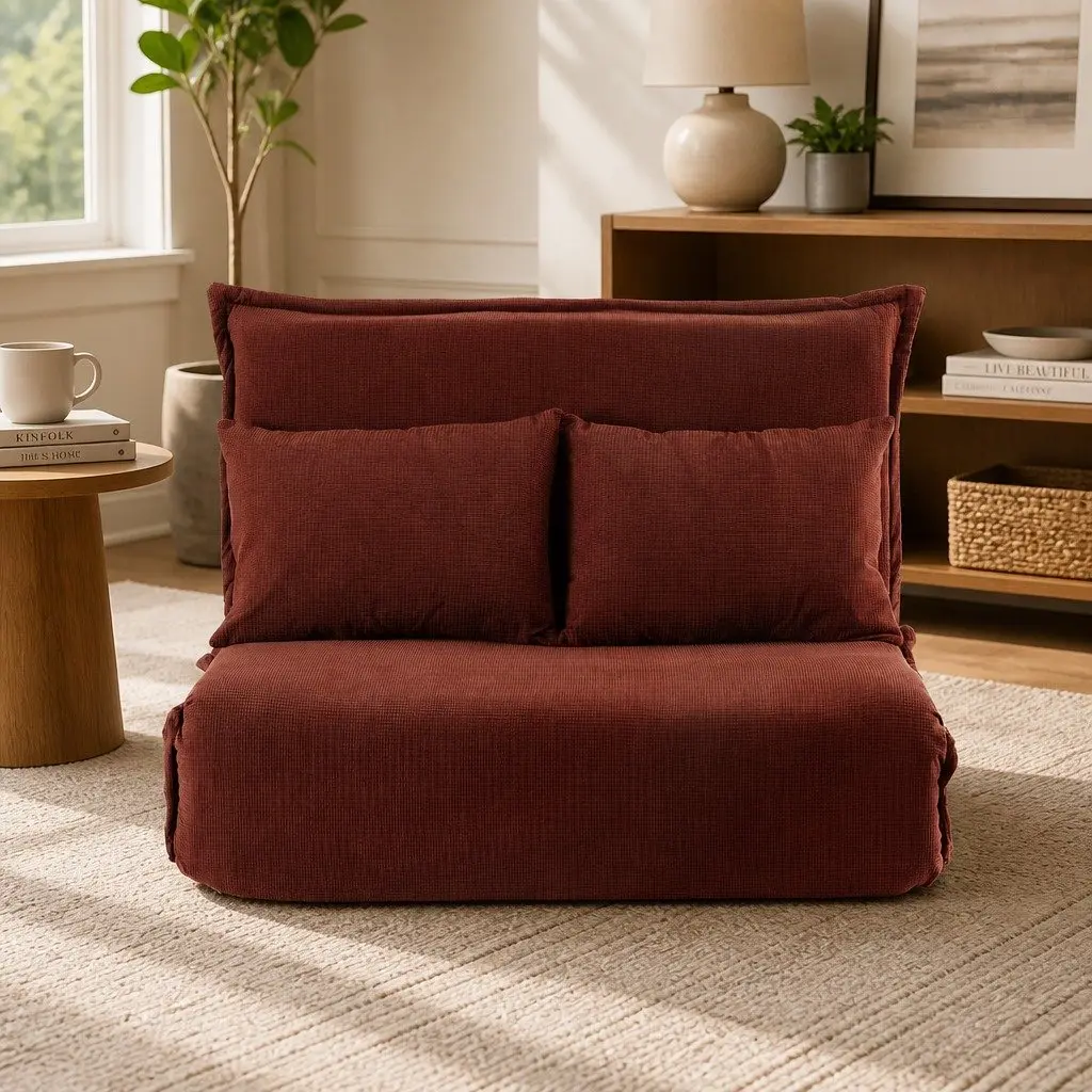 Floor Lounge Sofa Bed Foldable Adjustable Recliner 2 Seater Orange Corduroy