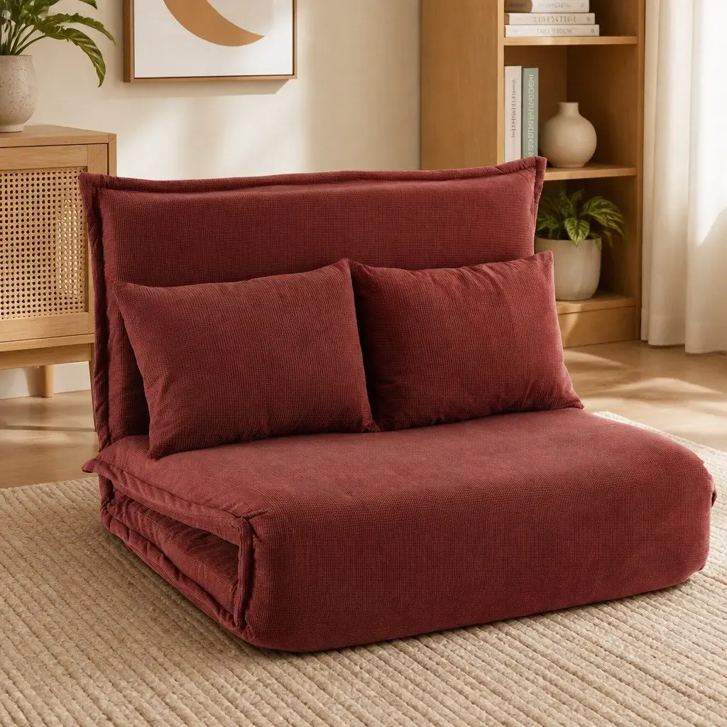 Floor Lounge Sofa Bed Foldable Adjustable Recliner 2 Seater Orange Corduroy