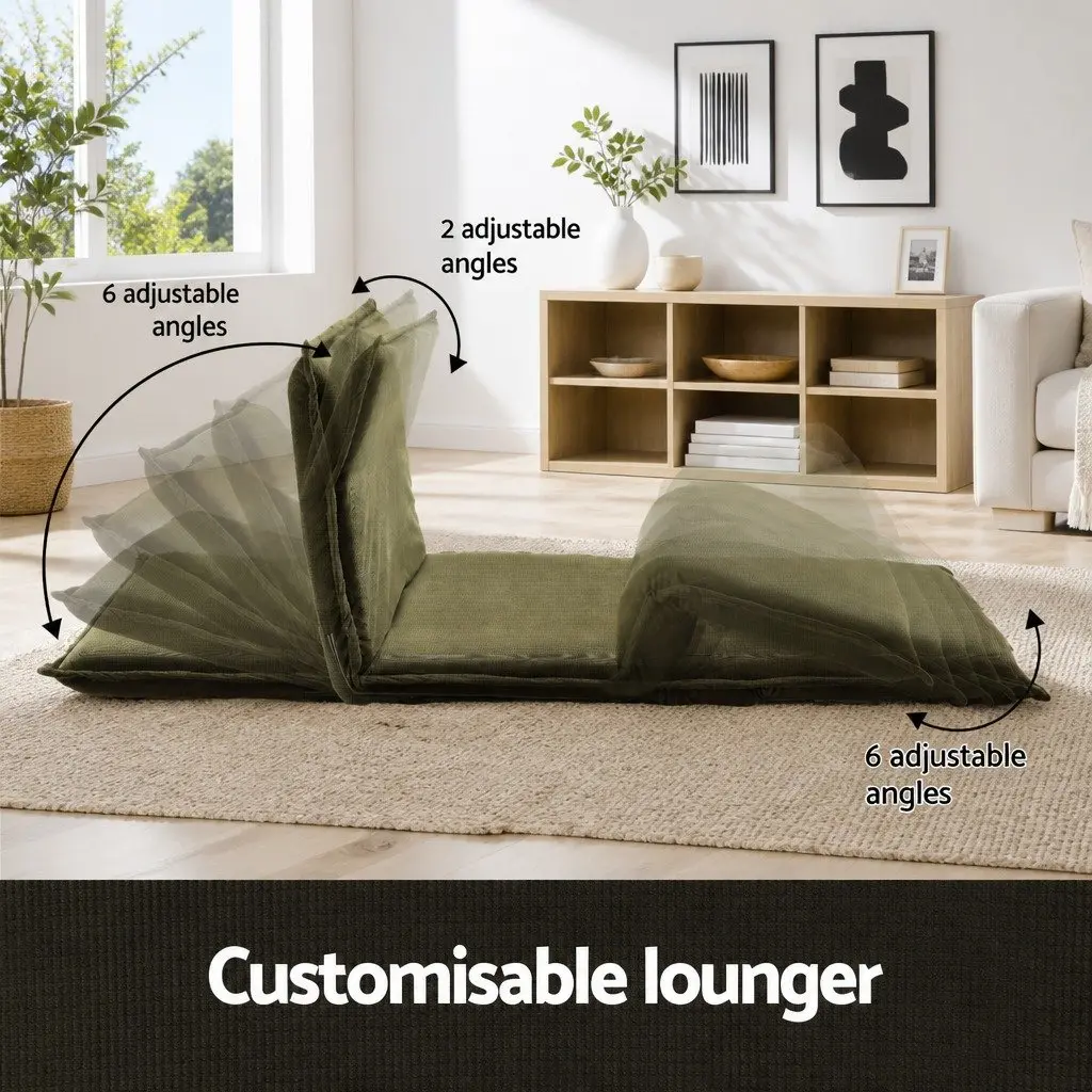 Floor Lounge Sofa Bed Chair Corduroy Green with Adjustable Backrest and C-shaped Marble Effect Side Table