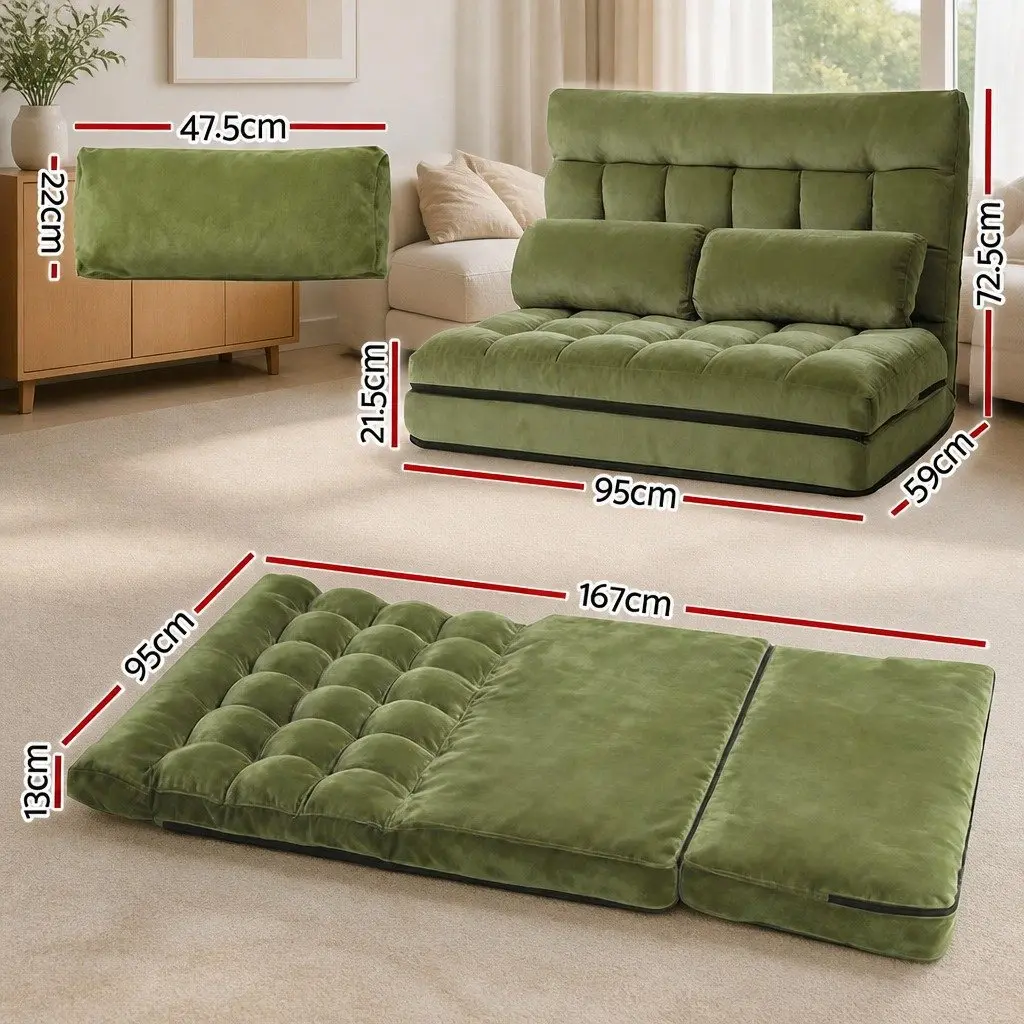Floor Lounge Sofa Bed Adjustable Recliner 2 Seater Green Foldable Storage
