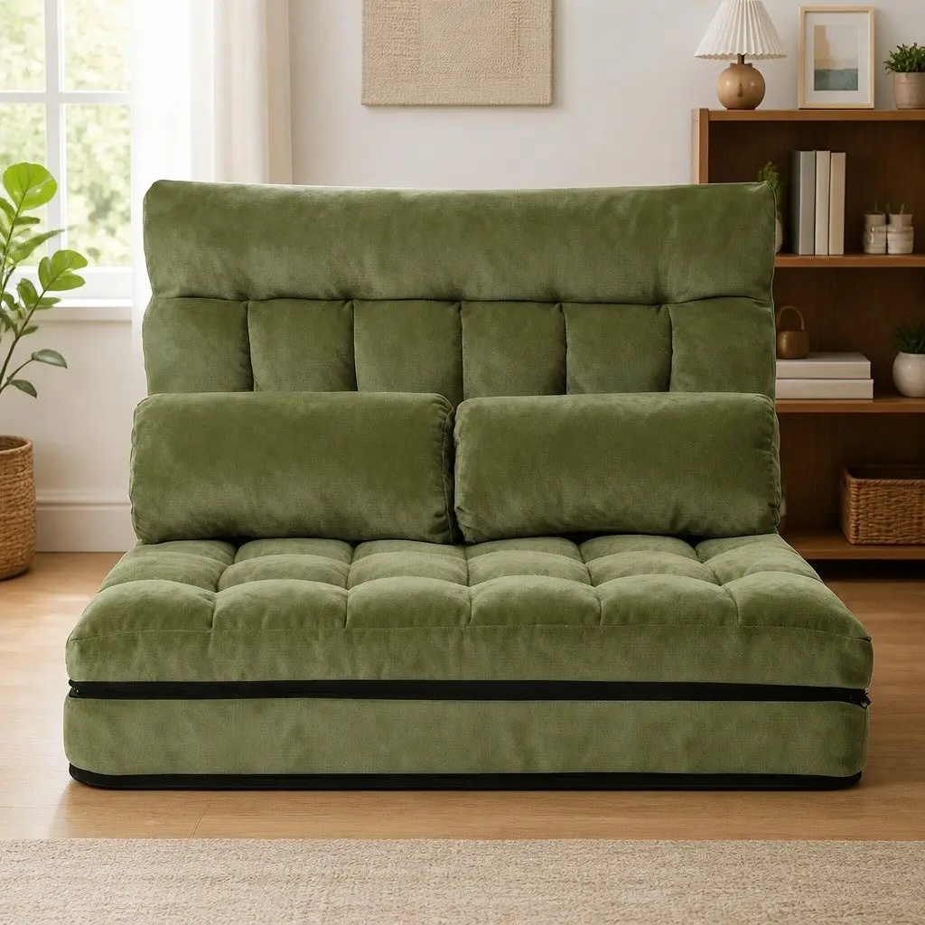 Floor Lounge Sofa Bed Adjustable Recliner 2 Seater Green Foldable Storage