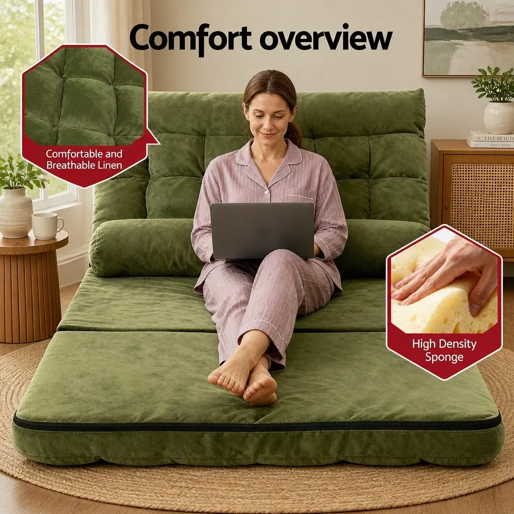 Floor Lounge Sofa Bed Adjustable Recliner 2 Seater Green Foldable Storage