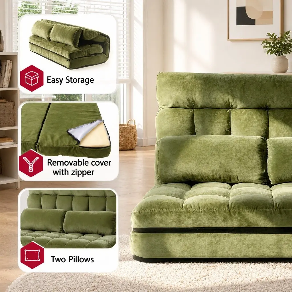 Floor Lounge Sofa Bed Adjustable Recliner 2 Seater Green Foldable Storage