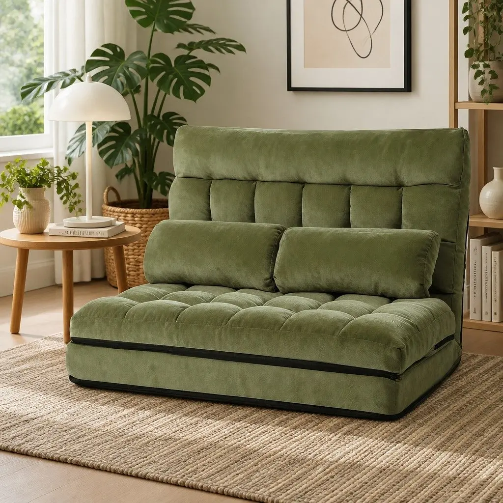 Floor Lounge Sofa Bed Adjustable Recliner 2 Seater Green Foldable Storage