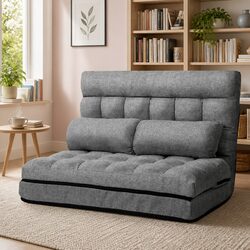 Floor Lounge Sofa Bed 2-Seater Adjustable Recliner Grey Faux Linen Fabric