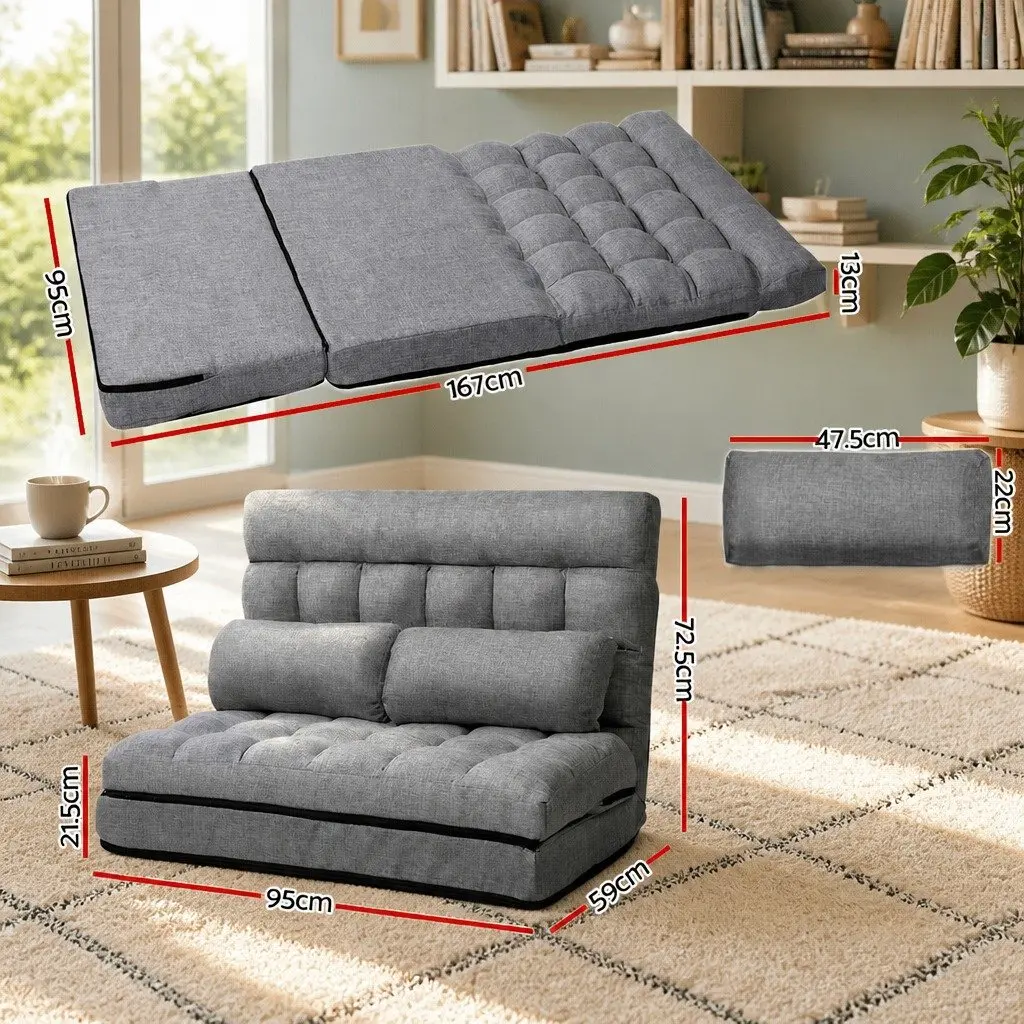 Adjustable Recliner Floor Lounge Sofa Bed Grey Faux Linen Fabric Two Seater with Five Positions and Removable Covers
