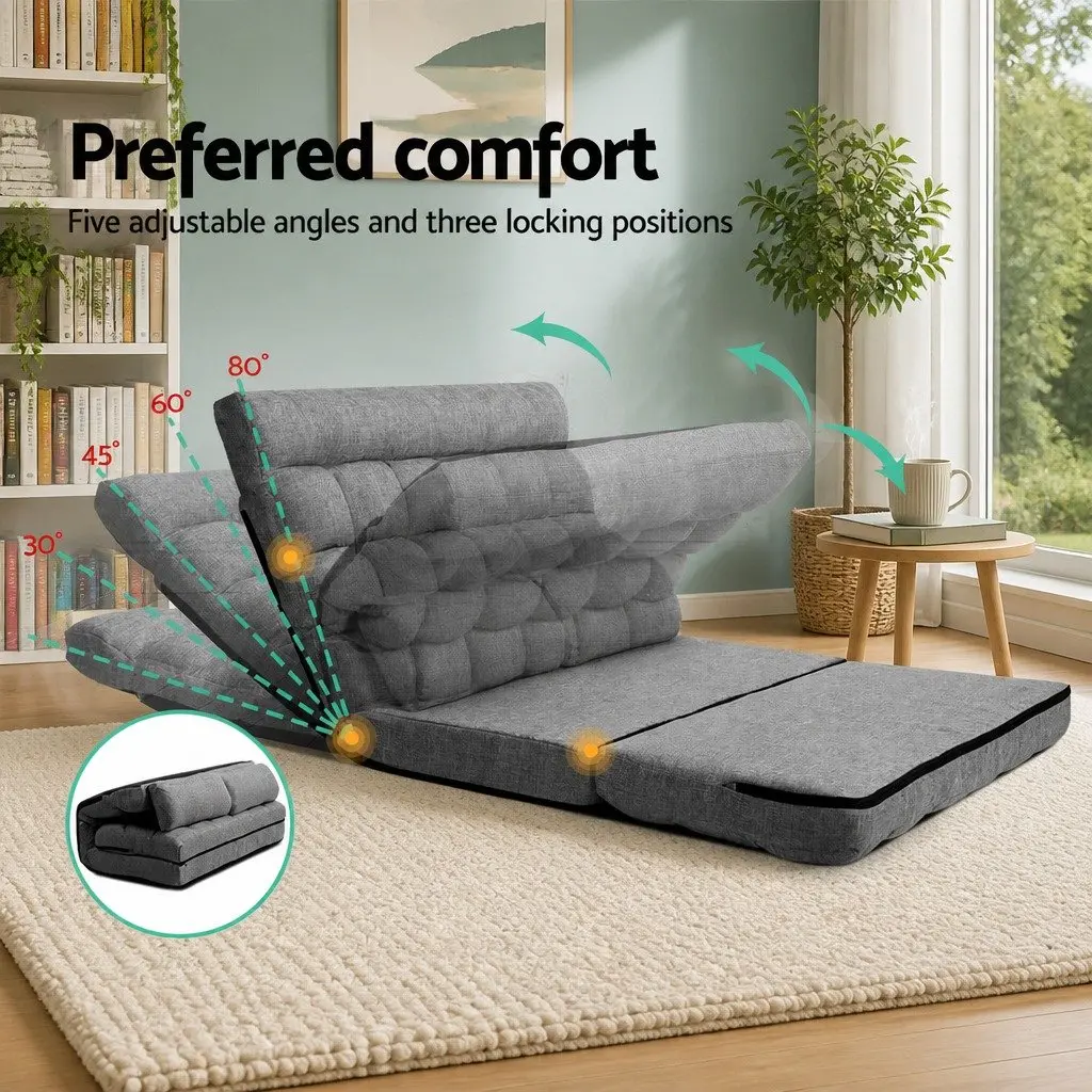 Adjustable Recliner Floor Lounge Sofa Bed Grey Faux Linen Fabric Two Seater with Five Positions and Removable Covers
