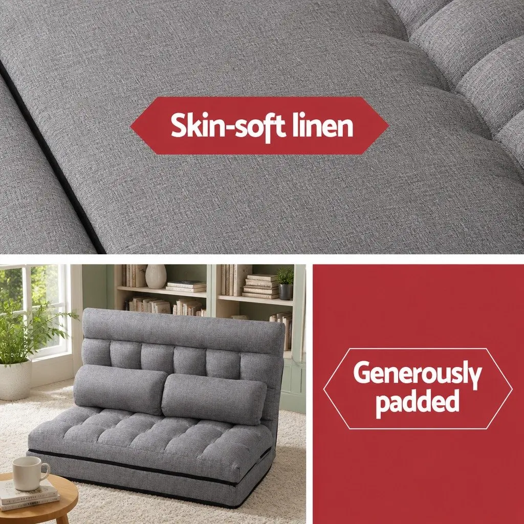Adjustable Recliner Floor Lounge Sofa Bed Grey Faux Linen Fabric Two Seater with Five Positions and Removable Covers