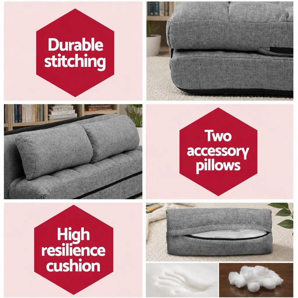 Adjustable Recliner Floor Lounge Sofa Bed Grey Faux Linen Fabric Two Seater with Five Positions and Removable Covers