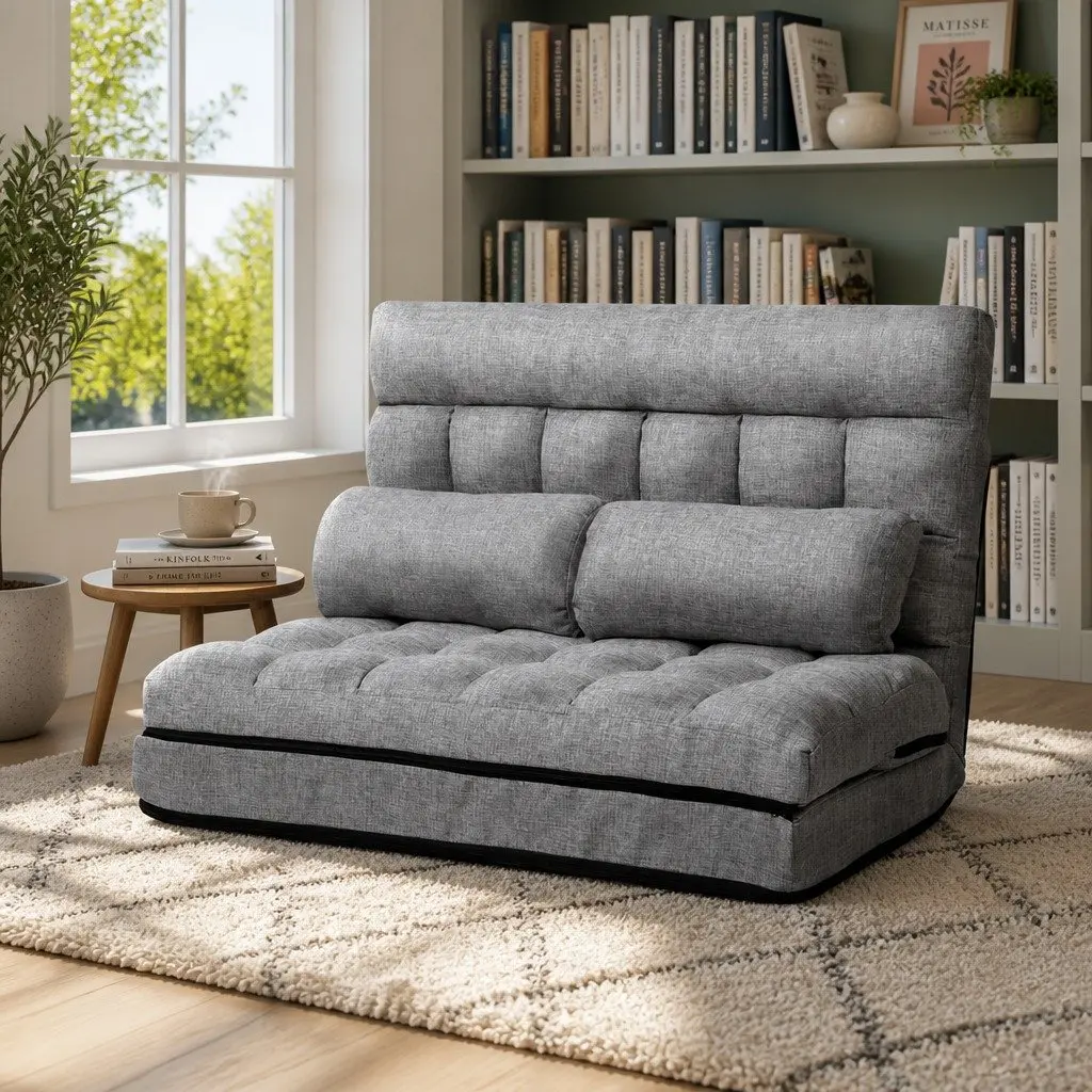 Adjustable Recliner Floor Lounge Sofa Bed Grey Faux Linen Fabric Two Seater with Five Positions and Removable Covers
