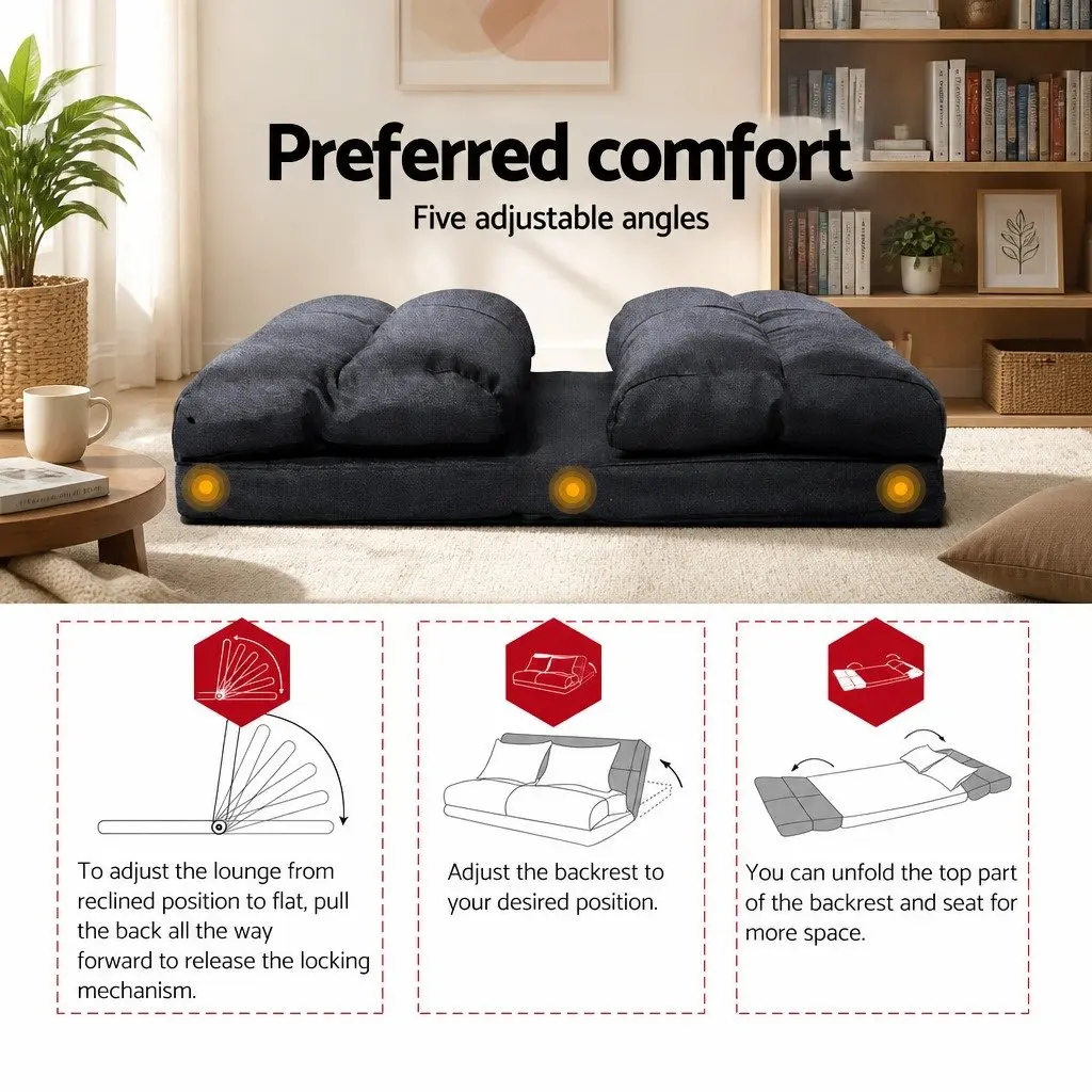 Foldable 2-Seater Sofa Bed Adjustable Charcoal 5-Position Floor Lounge Couch