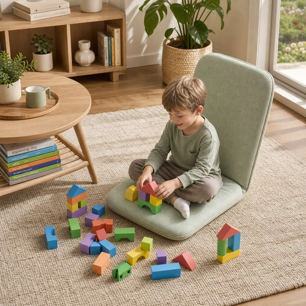 Floor Chair Adjustable 5 Position Foldable Green Denim Single Seat