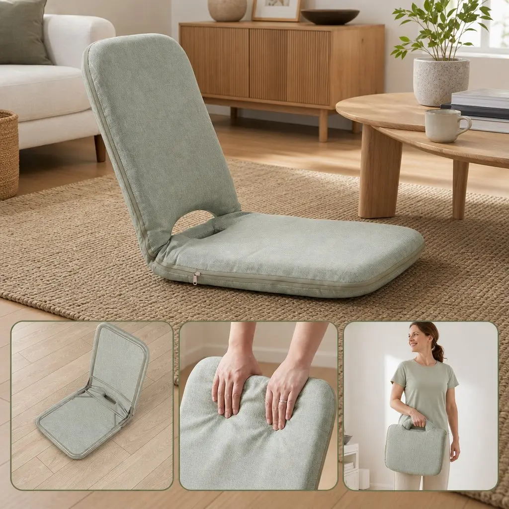 Floor Chair Adjustable 5 Position Foldable Green Denim Single Seat