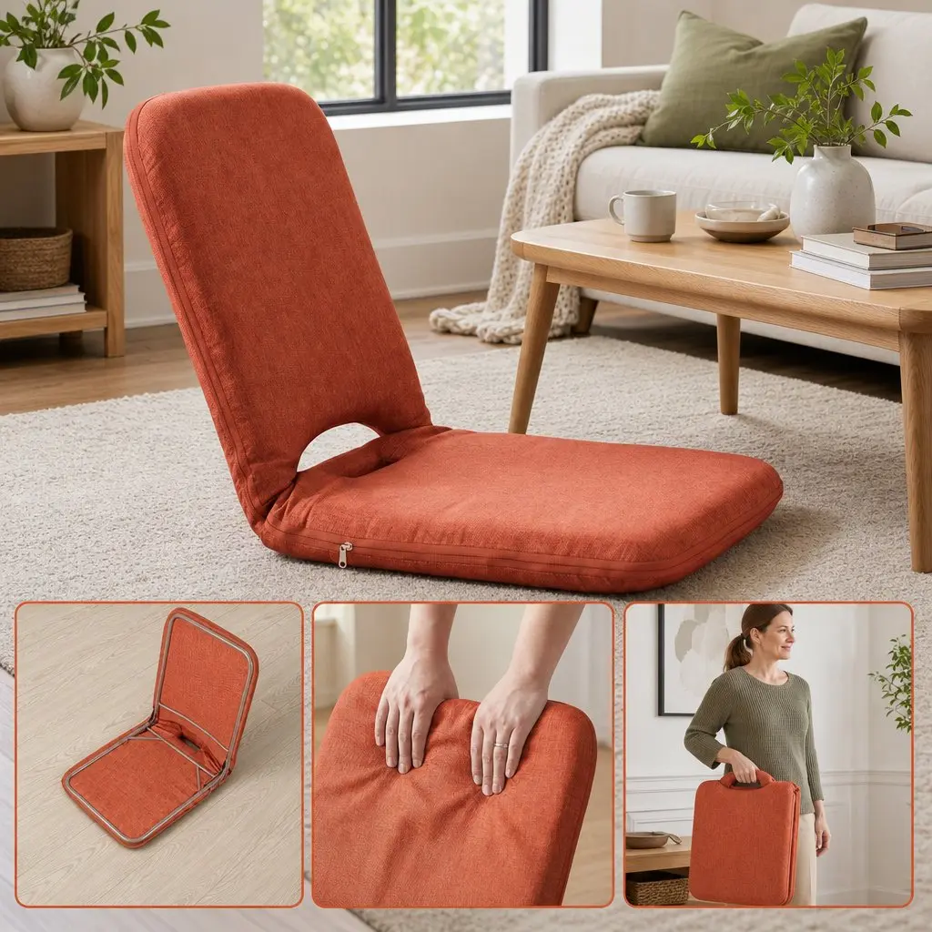 Floor Chair Adjustable 5 Position Foldable Recliner Orange High Resilience Sponge