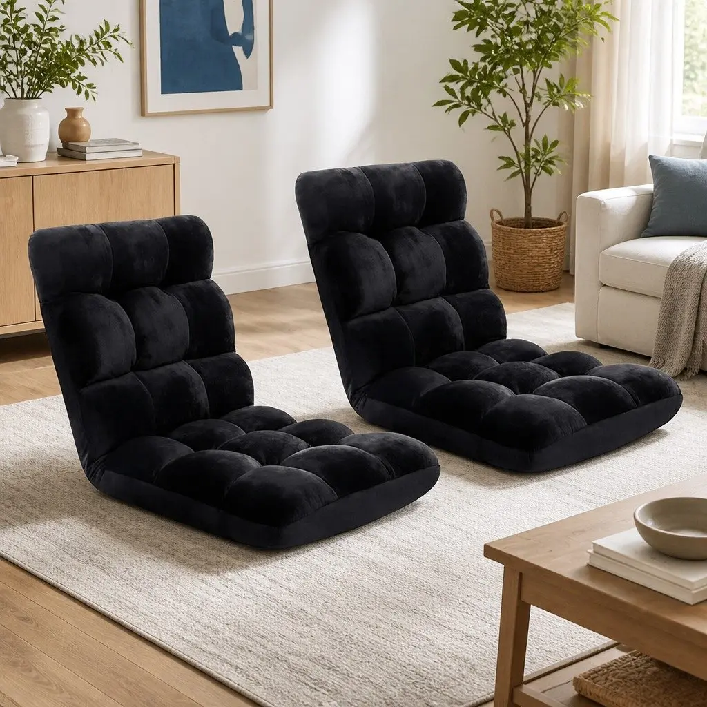 Lounge Sofa Chair Adjustable Recliner Flannel Black Foldable 2 Pack
