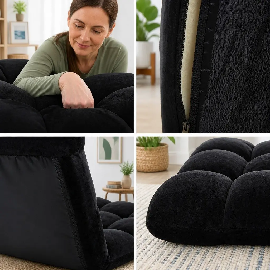 Flannel Lounge Chair Adjustable Black Recliner Foldable 2 Piece
