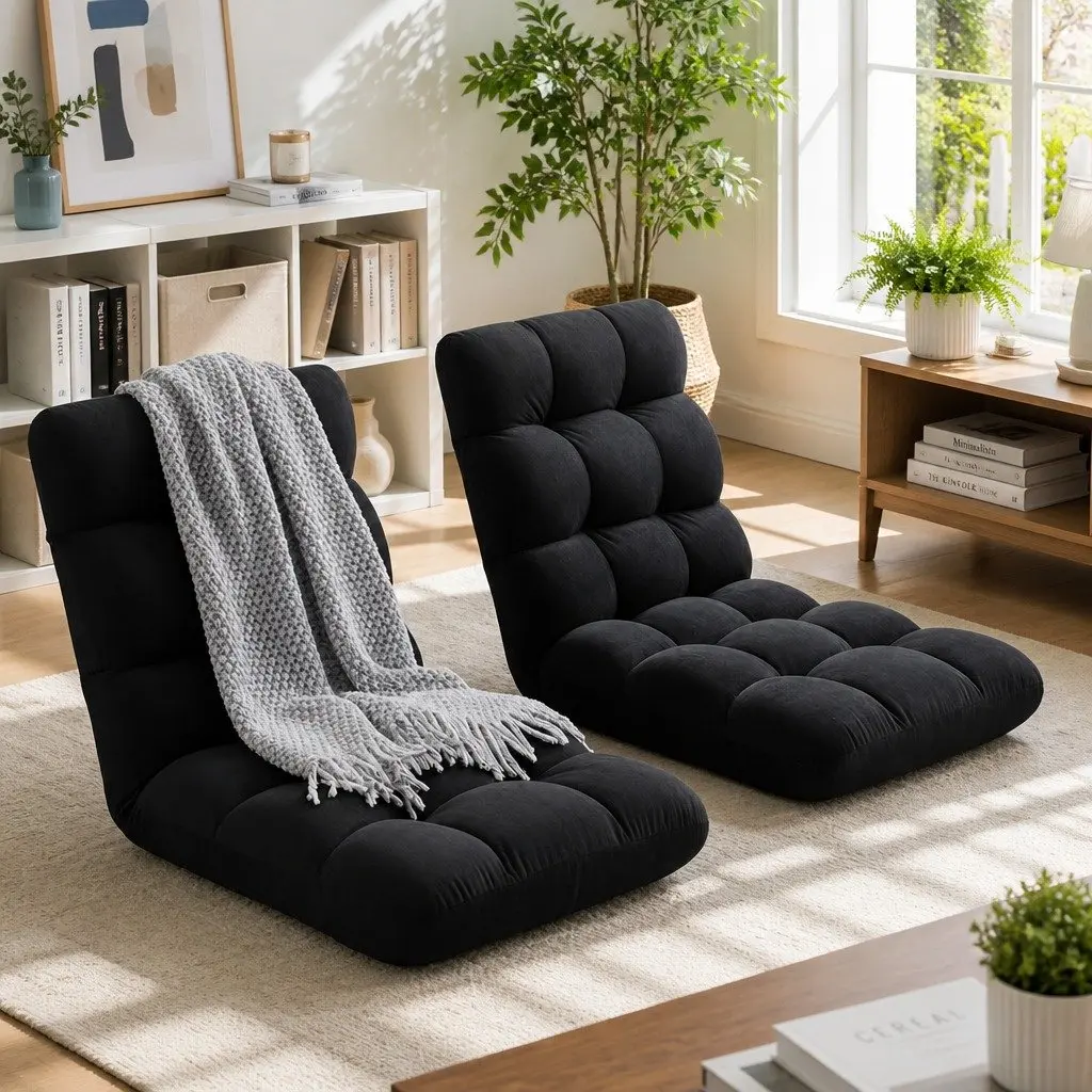 Flannel Lounge Chair Adjustable Black Recliner Foldable 2 Piece