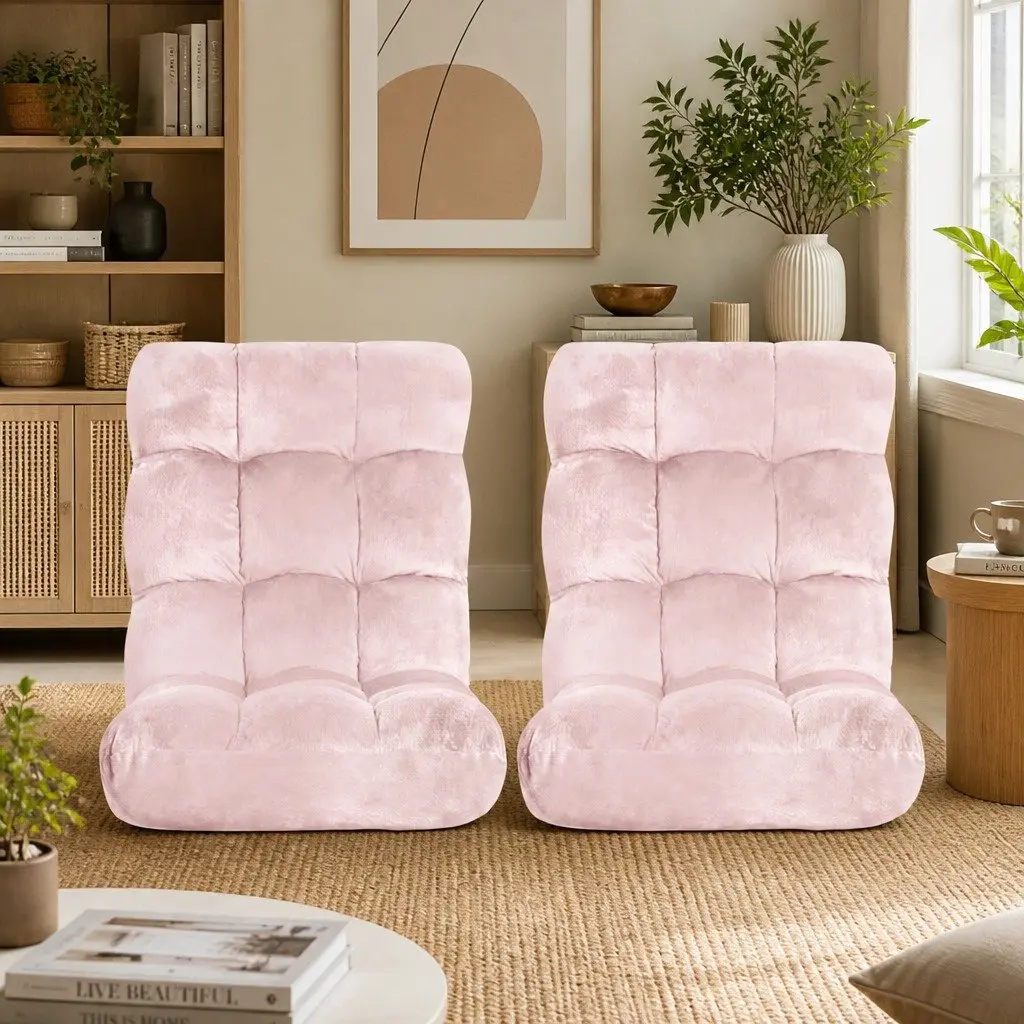 2PCS Floor Lounge Sofa Bed Chair 14-Position Adjustable Recliner Pink Flannel