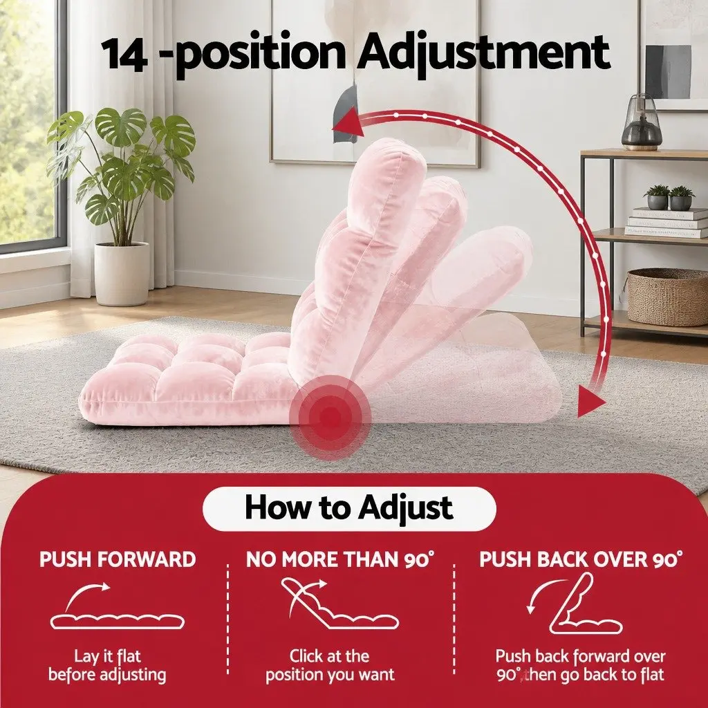 2PCS Floor Lounge Sofa Bed Chair 14-Position Adjustable Recliner Pink Flannel