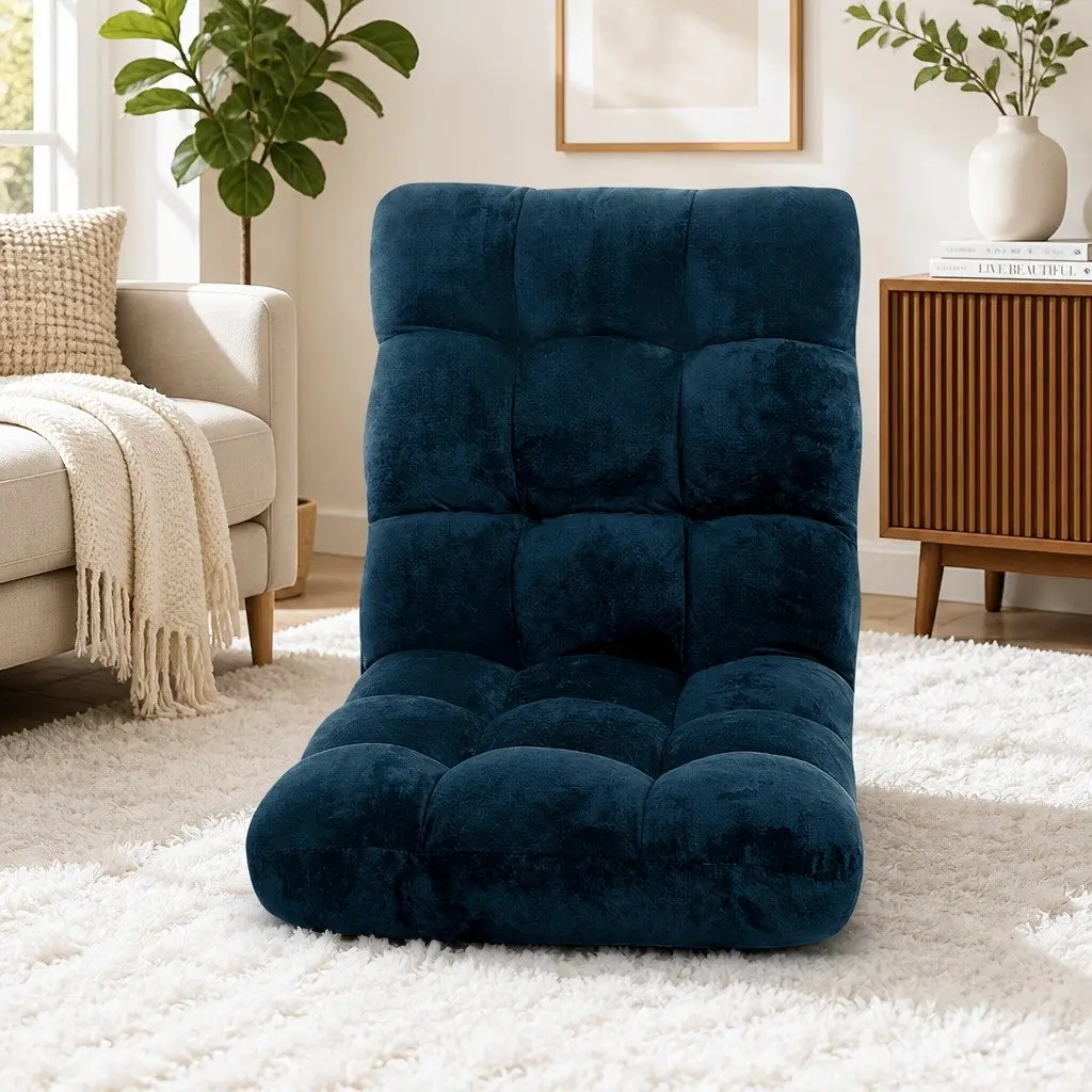 Lounge Sofa Chair Adjustable 14 Positions Steel Frame Flannel Fabric Navy Blue