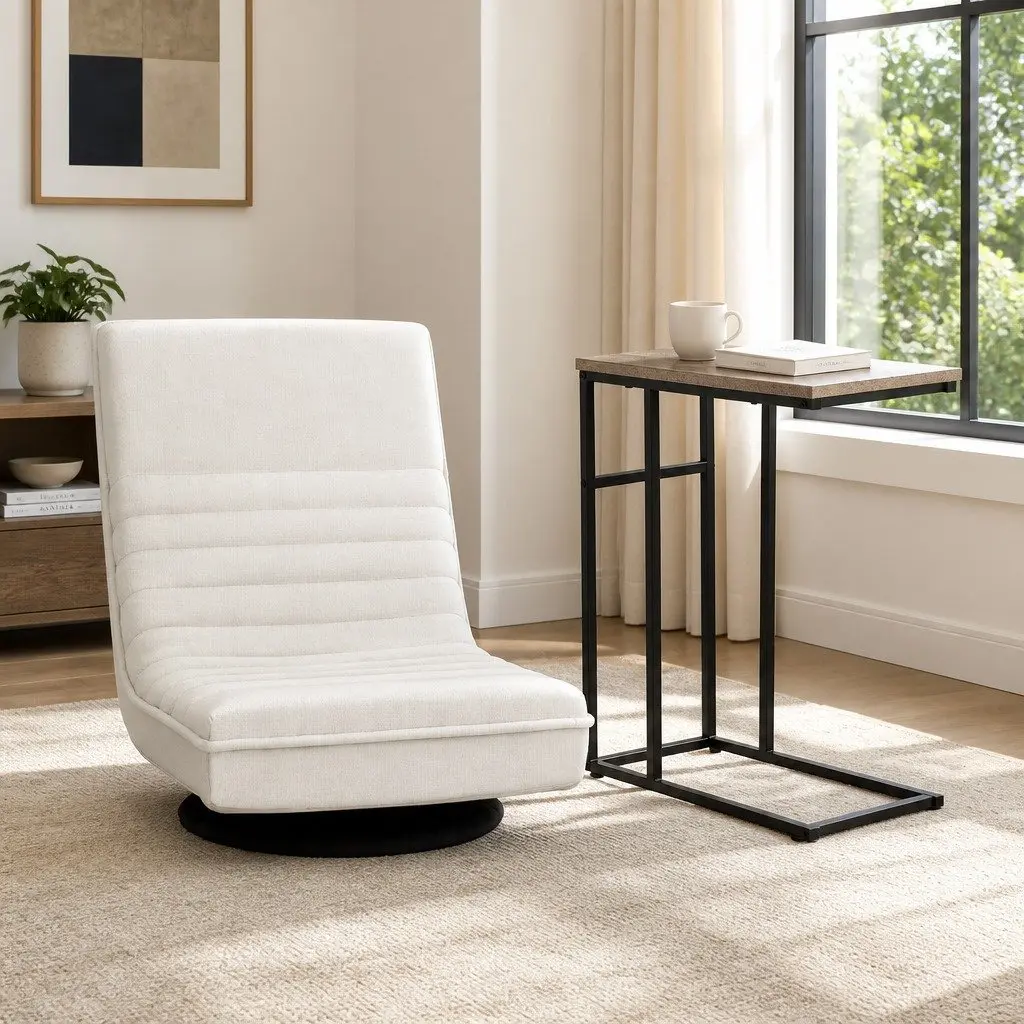 Floor Lounge Chair Swivel Foldable Faux Linen White with C-Shaped Side Table Set