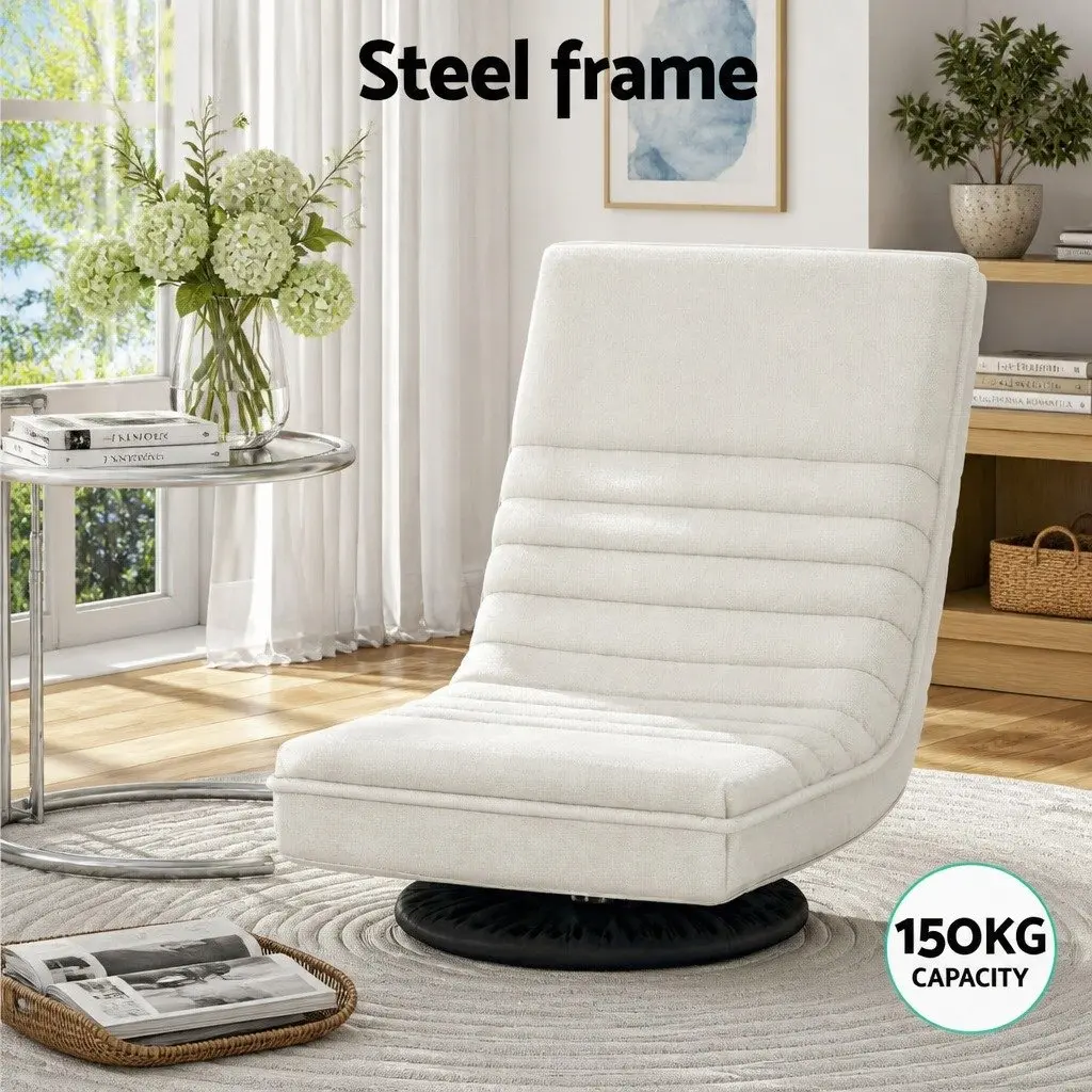 Floor Lounge Chair Swivel Foldable Faux Linen White with C-Shaped Side Table Set