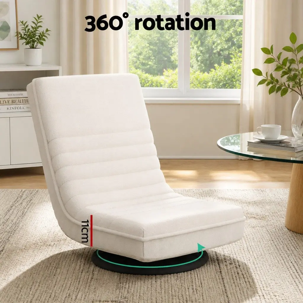 Floor Lounge Chair Swivel Foldable Faux Linen White with C-Shaped Side Table Set