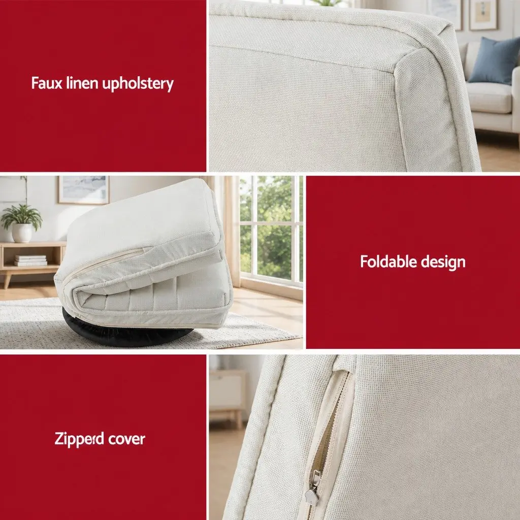 Floor Lounge Chair Swivel Foldable Faux Linen White with C-Shaped Side Table Set